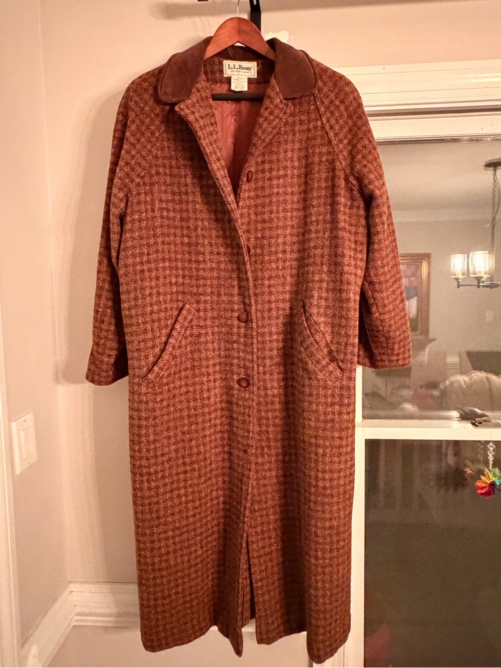 Vintage L.L. Bean Women's Brown Houndstooth Long Trench Coat
